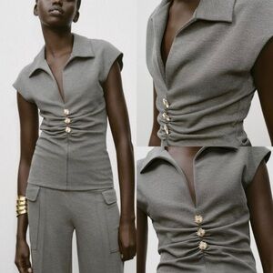 ZARA Button Piqué Top Anthracite Gray Polo V-Neck Size M NWT
